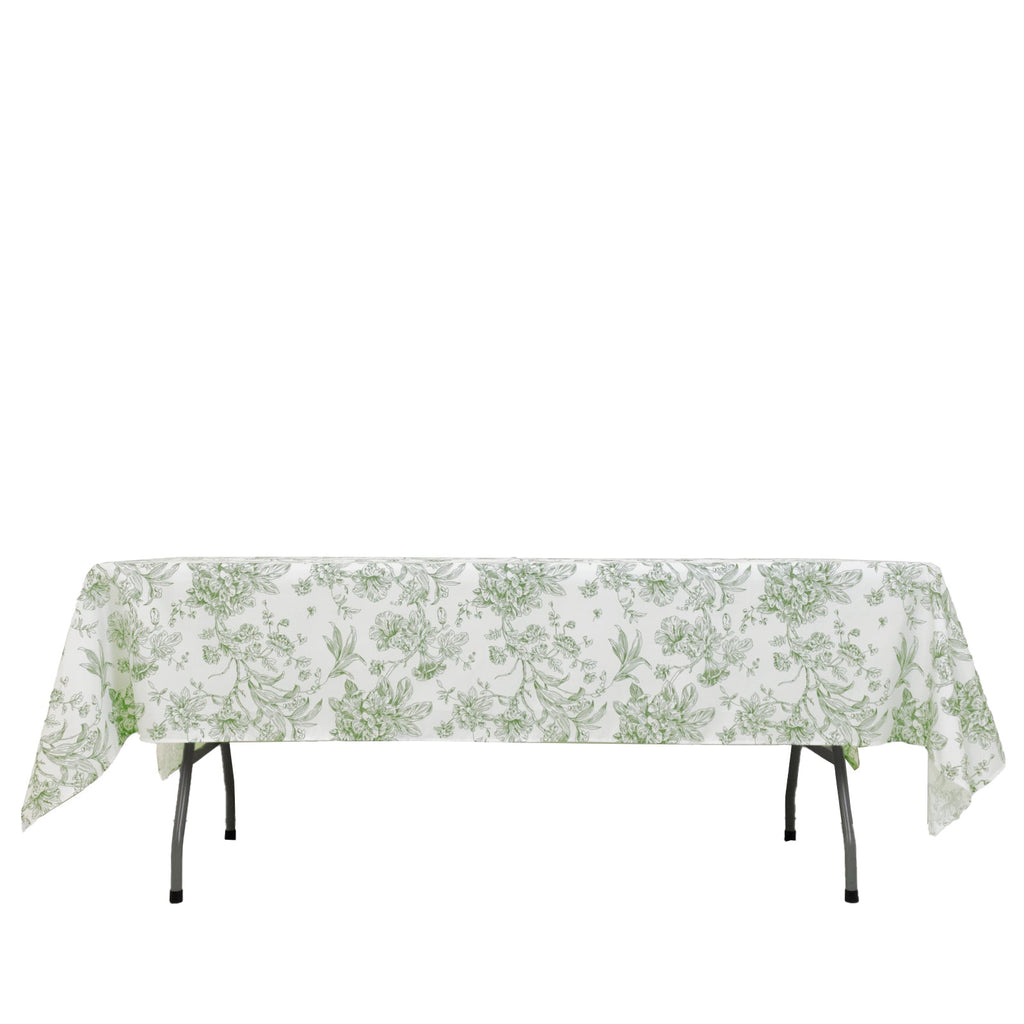 Polyester 60"x102" Rectangle Tablecloth White - Dusty Sage Green French Toile Pattern for Elegant Gatherings - Bell Racket Store