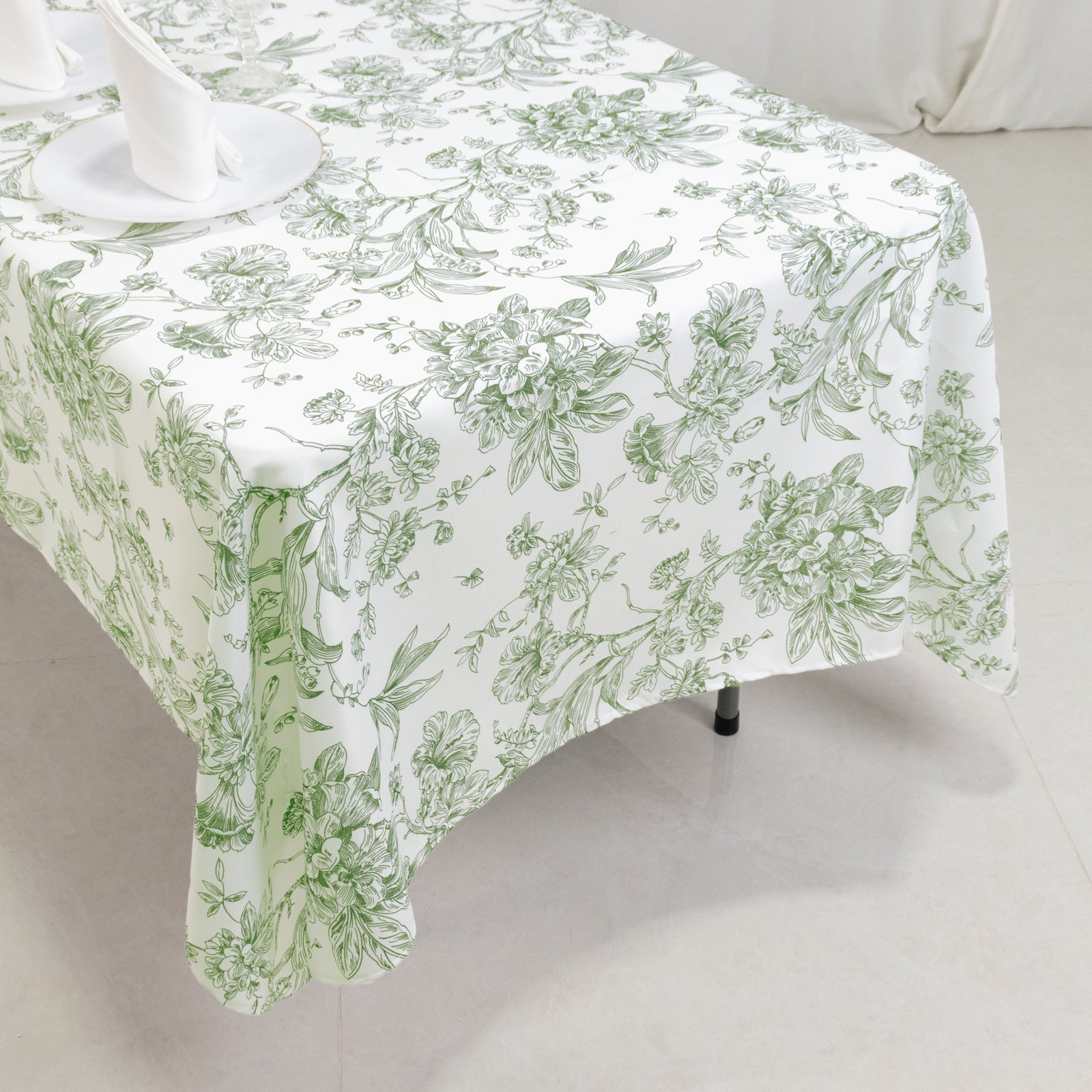 Polyester 60"x102" Rectangle Tablecloth White - Dusty Sage Green French Toile Pattern for Elegant Gatherings - Bell Racket Store