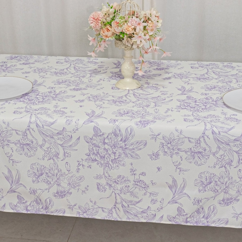 Polyester 60"x102" Rectangle Tablecloth White - Lavender Lilac French Toile Pattern for Elegant Gatherings - Bell Racket Store