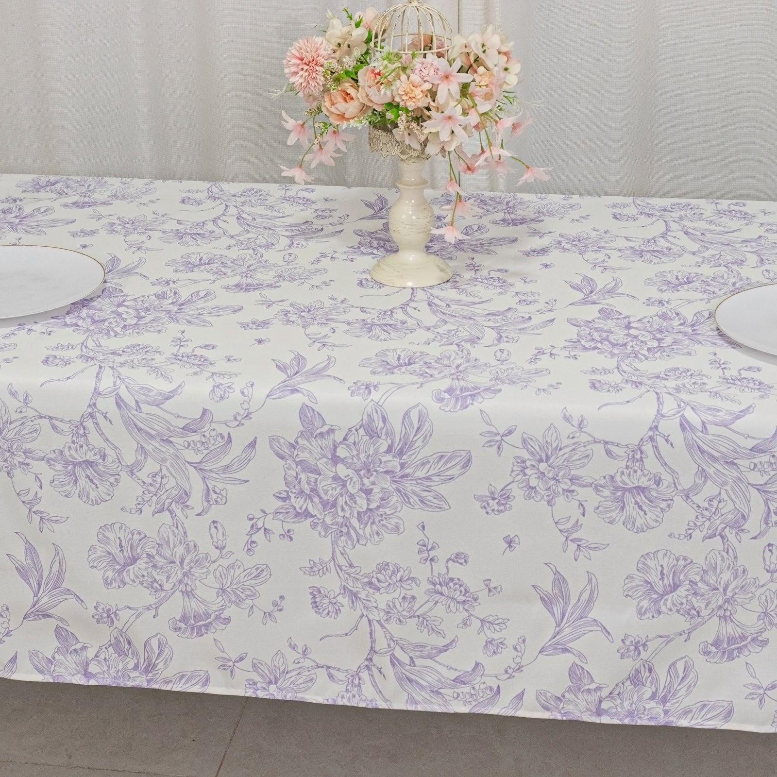 Polyester 60"x102" Rectangle Tablecloth White - Lavender Lilac French Toile Pattern for Elegant Gatherings - Bell Racket Store