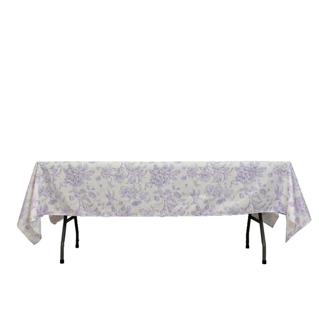 Polyester 60"x102" Rectangle Tablecloth White - Lavender Lilac French Toile Pattern for Elegant Gatherings - Bell Racket Store