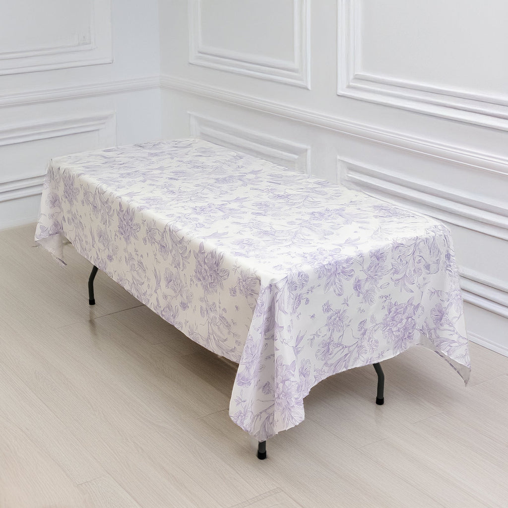 Polyester 60"x102" Rectangle Tablecloth White - Lavender Lilac French Toile Pattern for Elegant Gatherings - Bell Racket Store