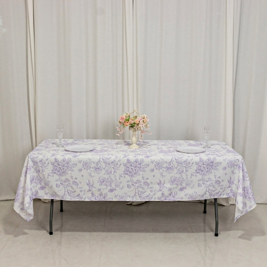 Polyester 60"x102" Rectangle Tablecloth White - Lavender Lilac French Toile Pattern for Elegant Gatherings - Bell Racket Store