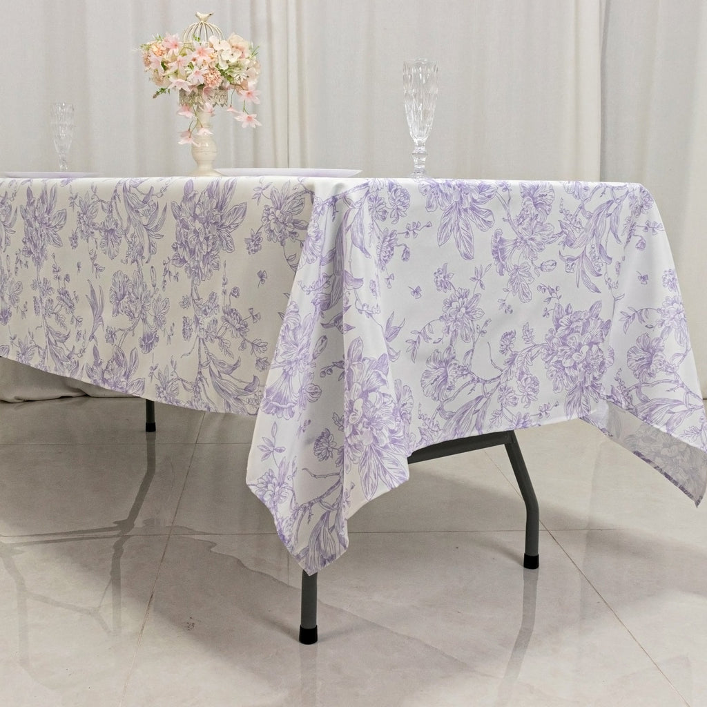 Polyester 60"x102" Rectangle Tablecloth White - Lavender Lilac French Toile Pattern for Elegant Gatherings - Bell Racket Store