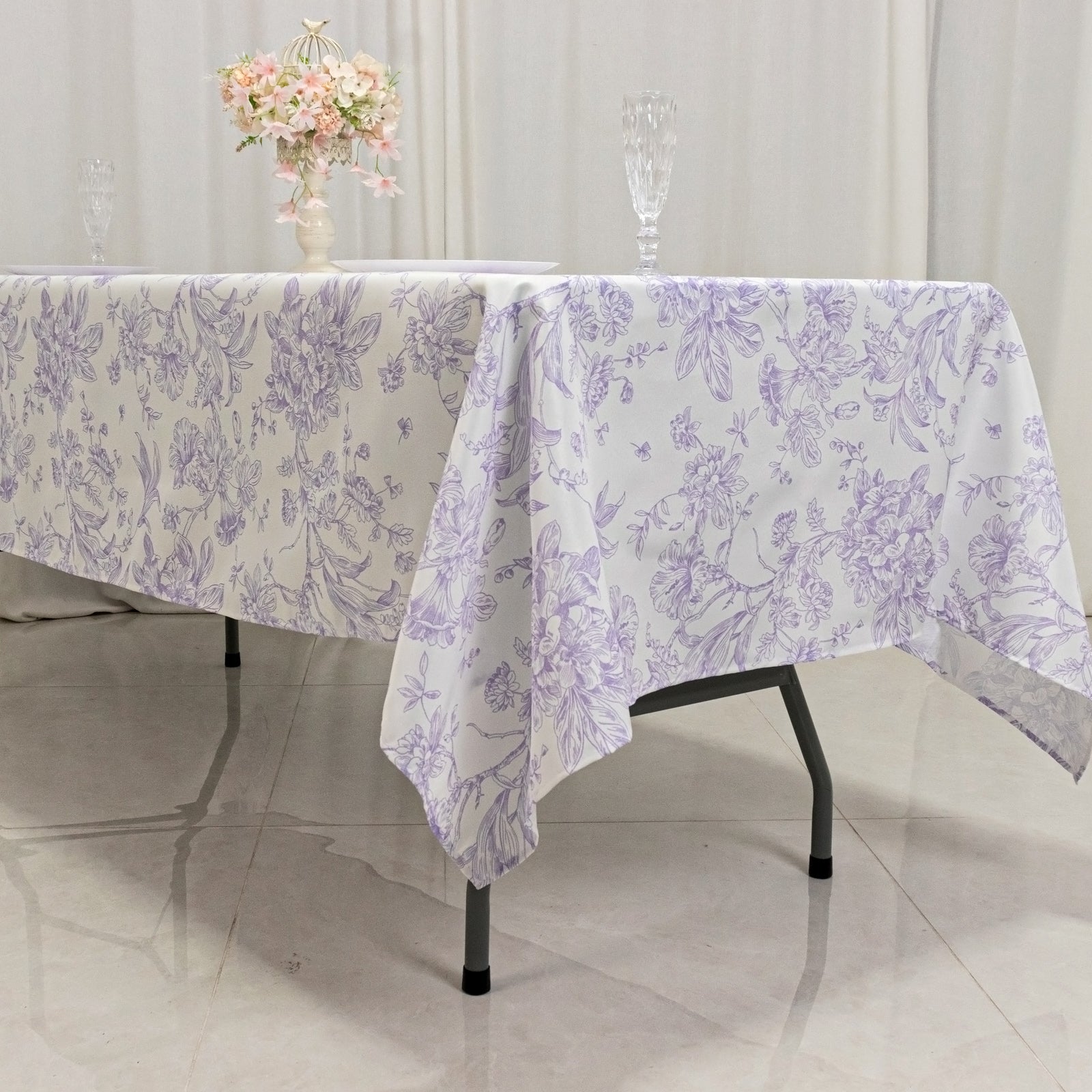 Polyester 60"x102" Rectangle Tablecloth White - Lavender Lilac French Toile Pattern for Elegant Gatherings - Bell Racket Store