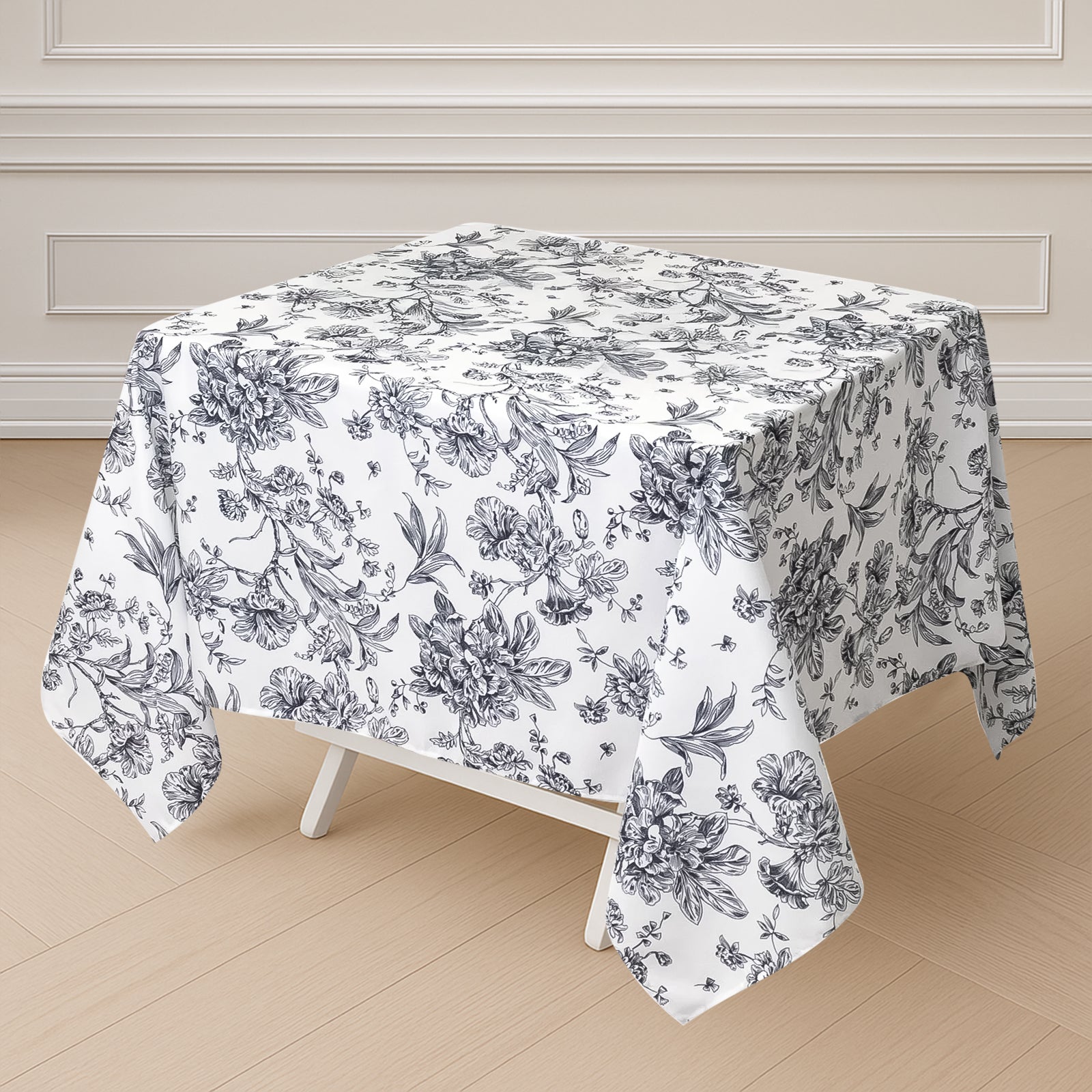 Polyester 70"x70" Square Tablecloth White - Black French Toile Pattern for Elegant Occasions - Bell Racket Store