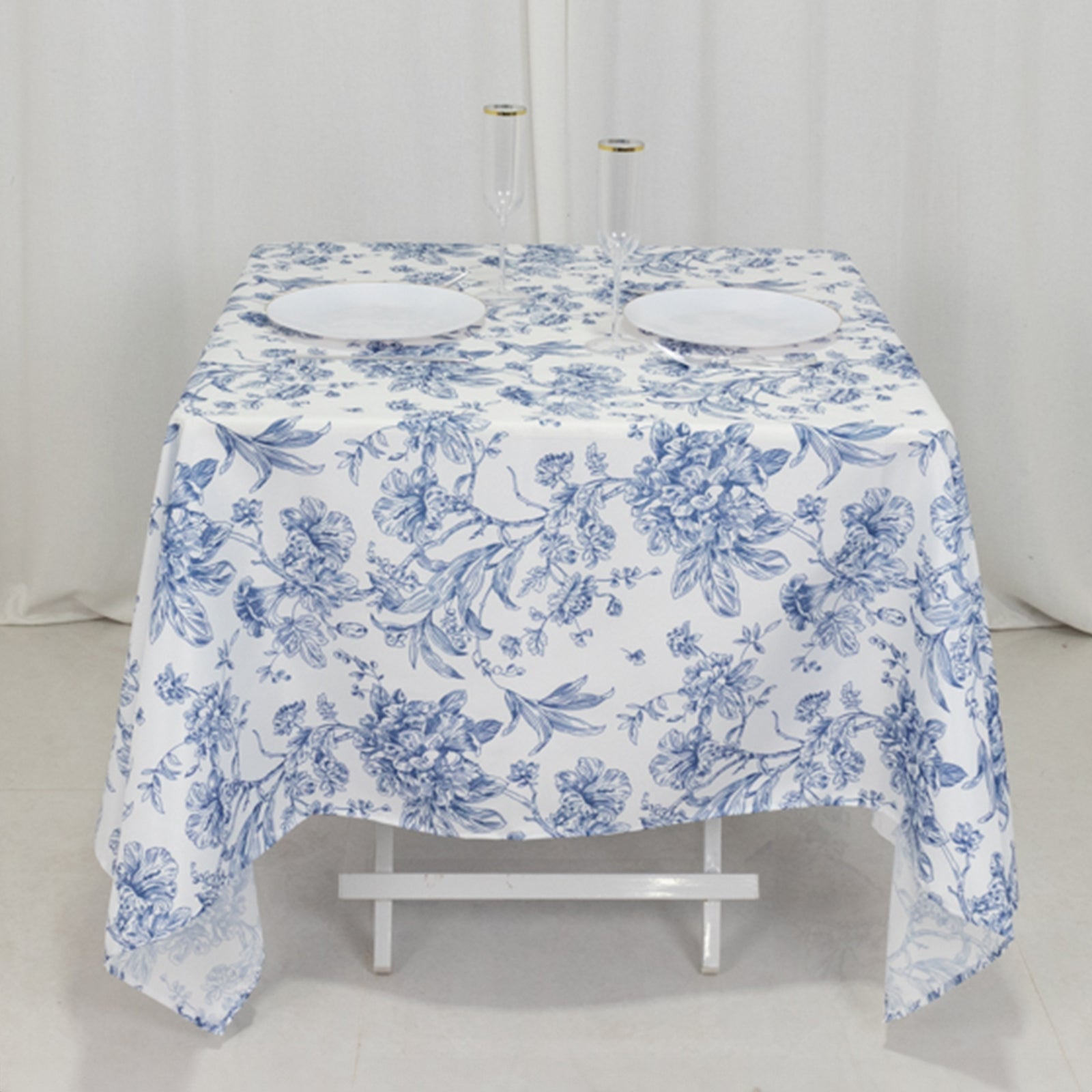 Polyester 70"x70" Square Tablecloth White - Blue French Toile Pattern for Sophisticated Settings - Bell Racket Store