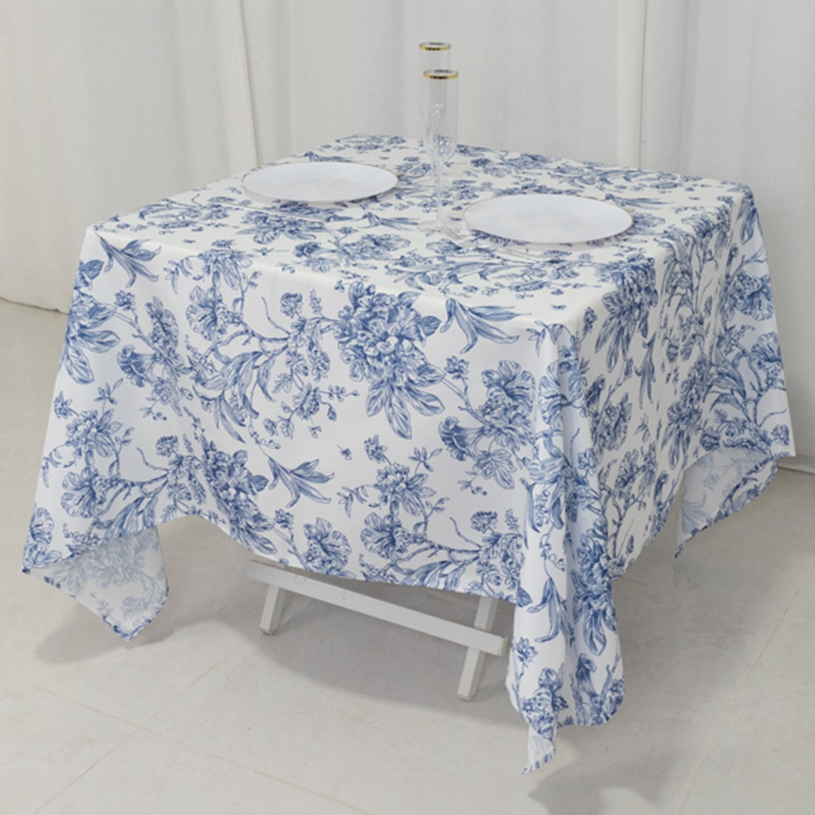 Polyester 70"x70" Square Tablecloth White - Blue French Toile Pattern for Sophisticated Settings - Bell Racket Store
