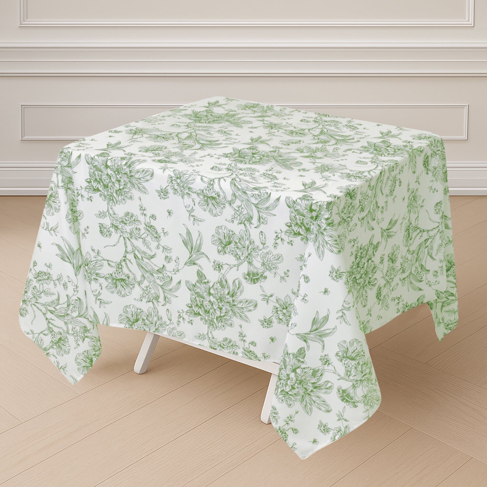 Polyester 70"x70" Square Tablecloth White - Dusty Sage Green French Toile Pattern for Elegant Occasions - Bell Racket Store