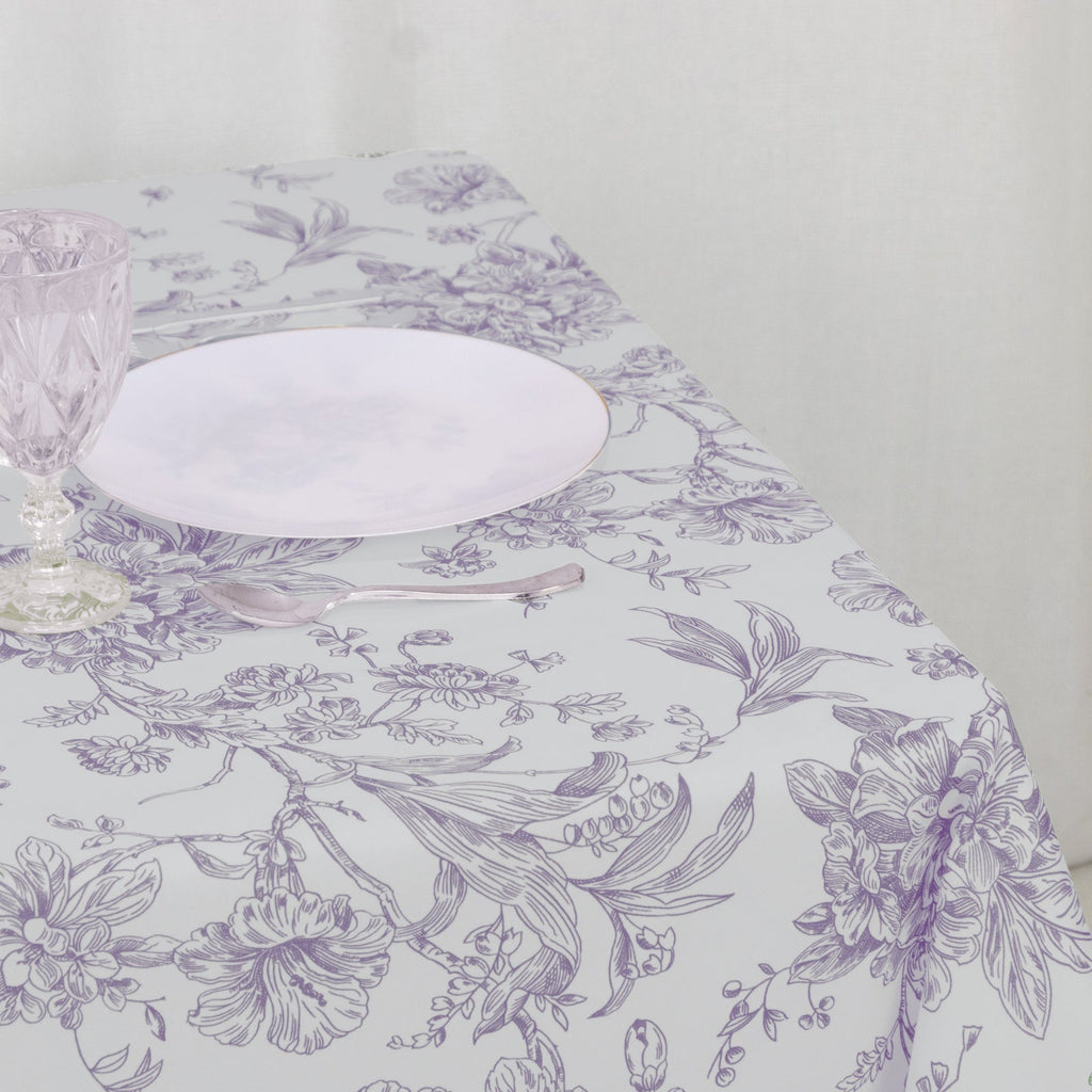 Polyester 70"x70" Square Tablecloth White - Lavender Lilac French Toile Pattern for Elegant Occasions - Bell Racket Store