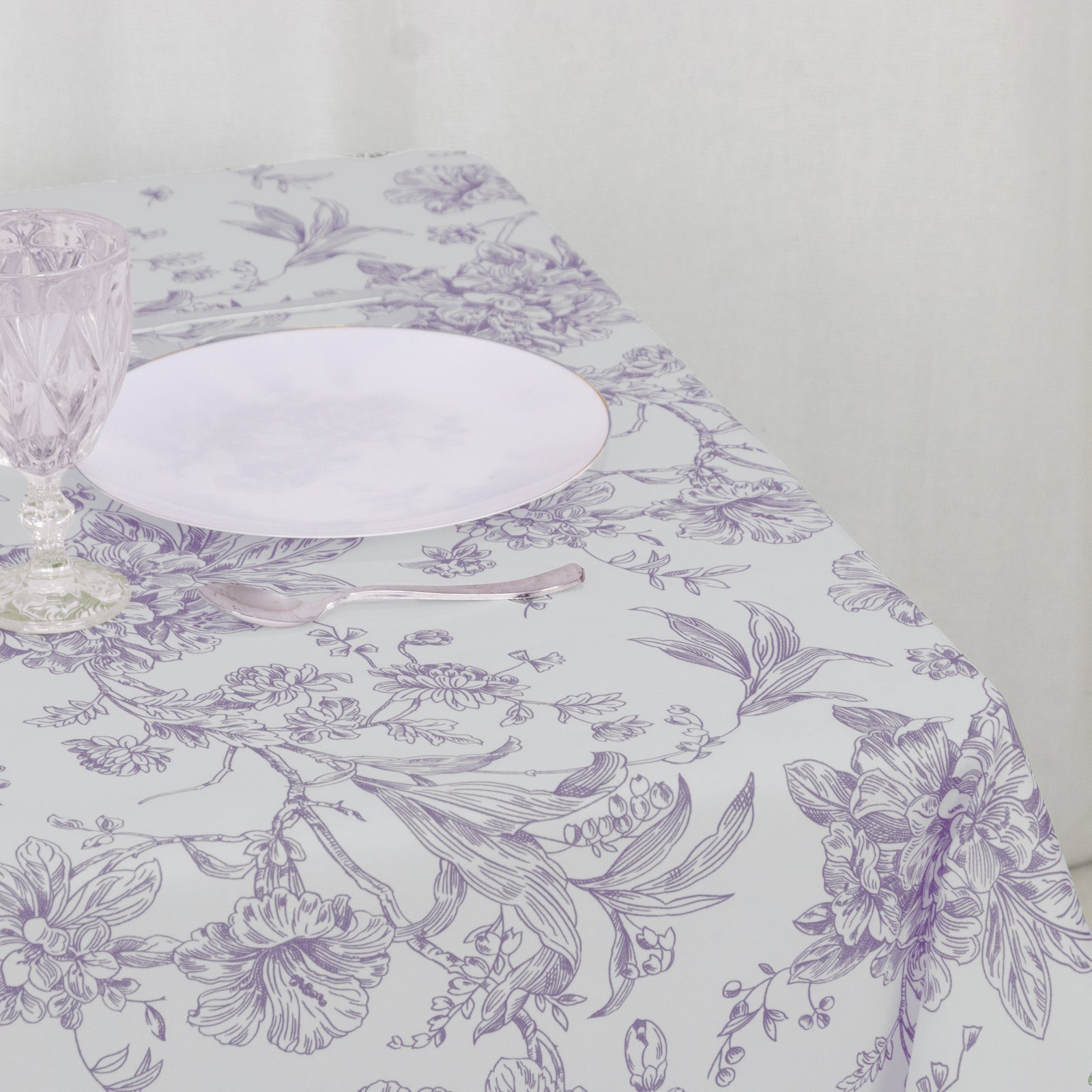 Polyester 70"x70" Square Tablecloth White - Lavender Lilac French Toile Pattern for Elegant Occasions - Bell Racket Store