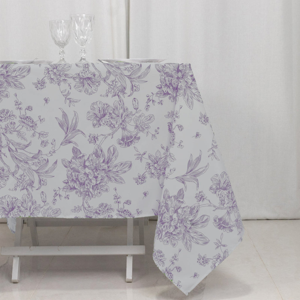 Polyester 70"x70" Square Tablecloth White - Lavender Lilac French Toile Pattern for Elegant Occasions - Bell Racket Store