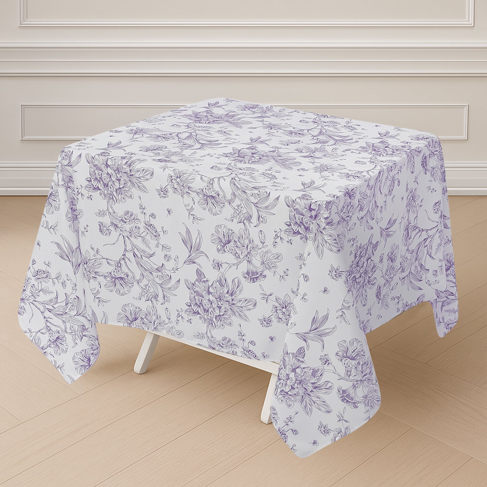 Polyester 70"x70" Square Tablecloth White - Lavender Lilac French Toile Pattern for Elegant Occasions - Bell Racket Store