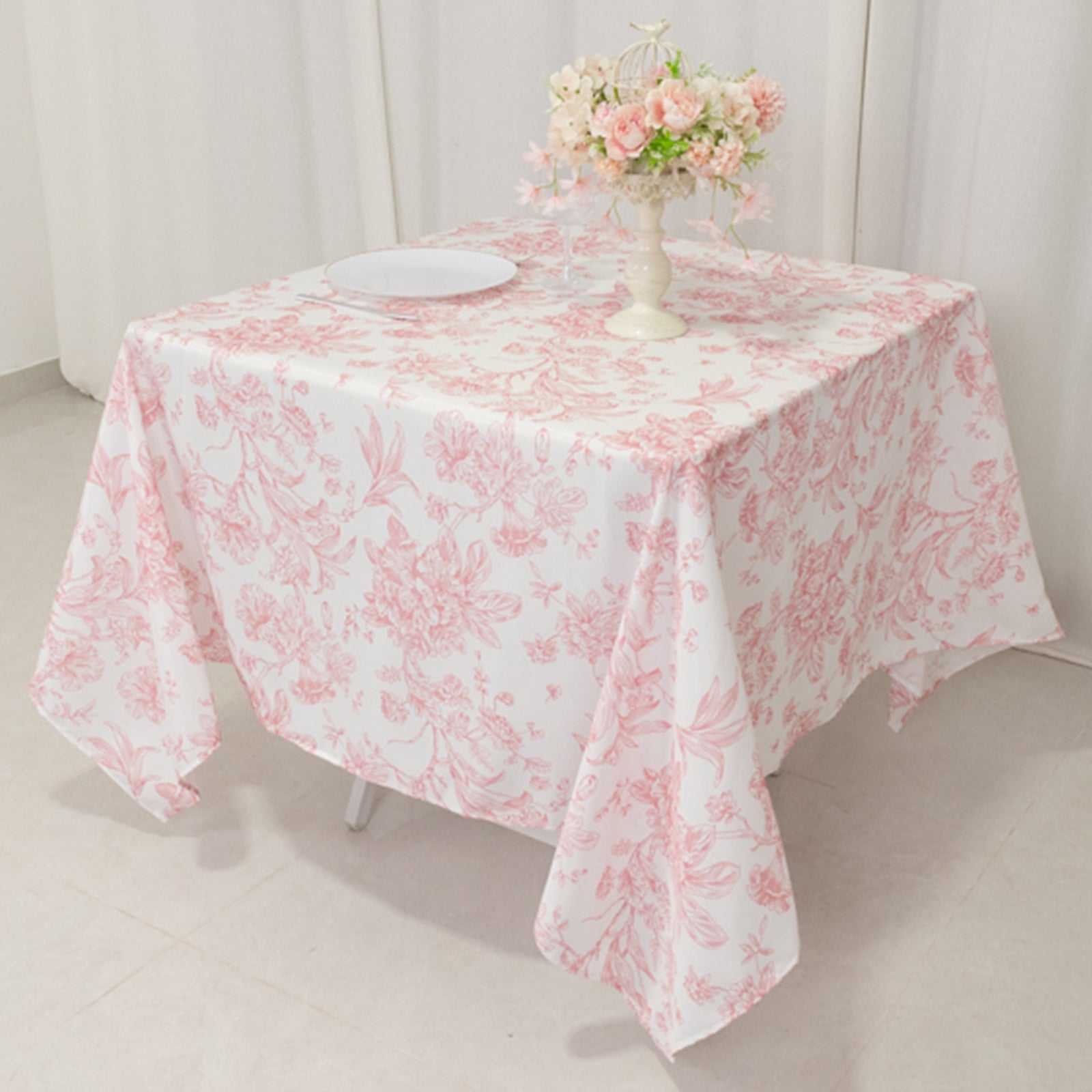 Polyester 70"x70" Square Tablecloth White - Pink French Toile Pattern for Elegant Occasions - Bell Racket Store