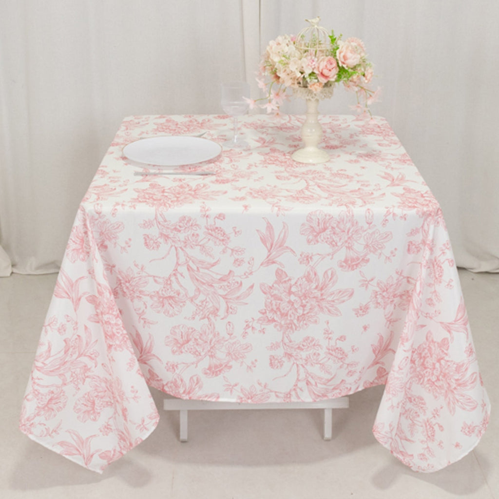 Polyester 70"x70" Square Tablecloth White - Pink French Toile Pattern for Elegant Occasions - Bell Racket Store