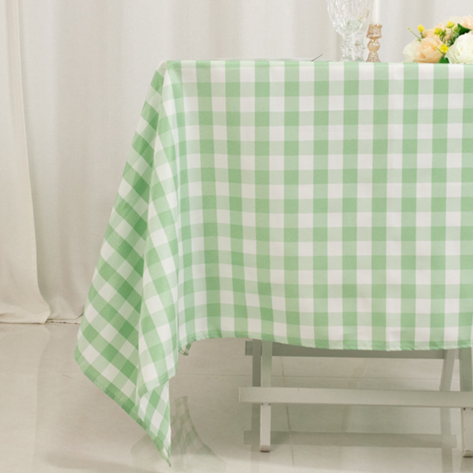 Polyester 70"x70" Table Overlay Square Tablecloth White/Sage Green - Checkered Buffalo Plaid Table Topper - Bell Racket Store