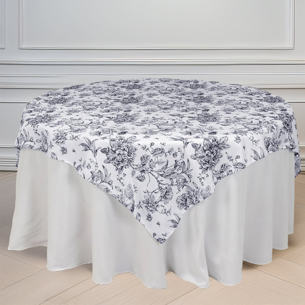 Polyester 70"x70" Table Overlay White - Black French Toile Pattern for Stylish Events - Bell Racket Store