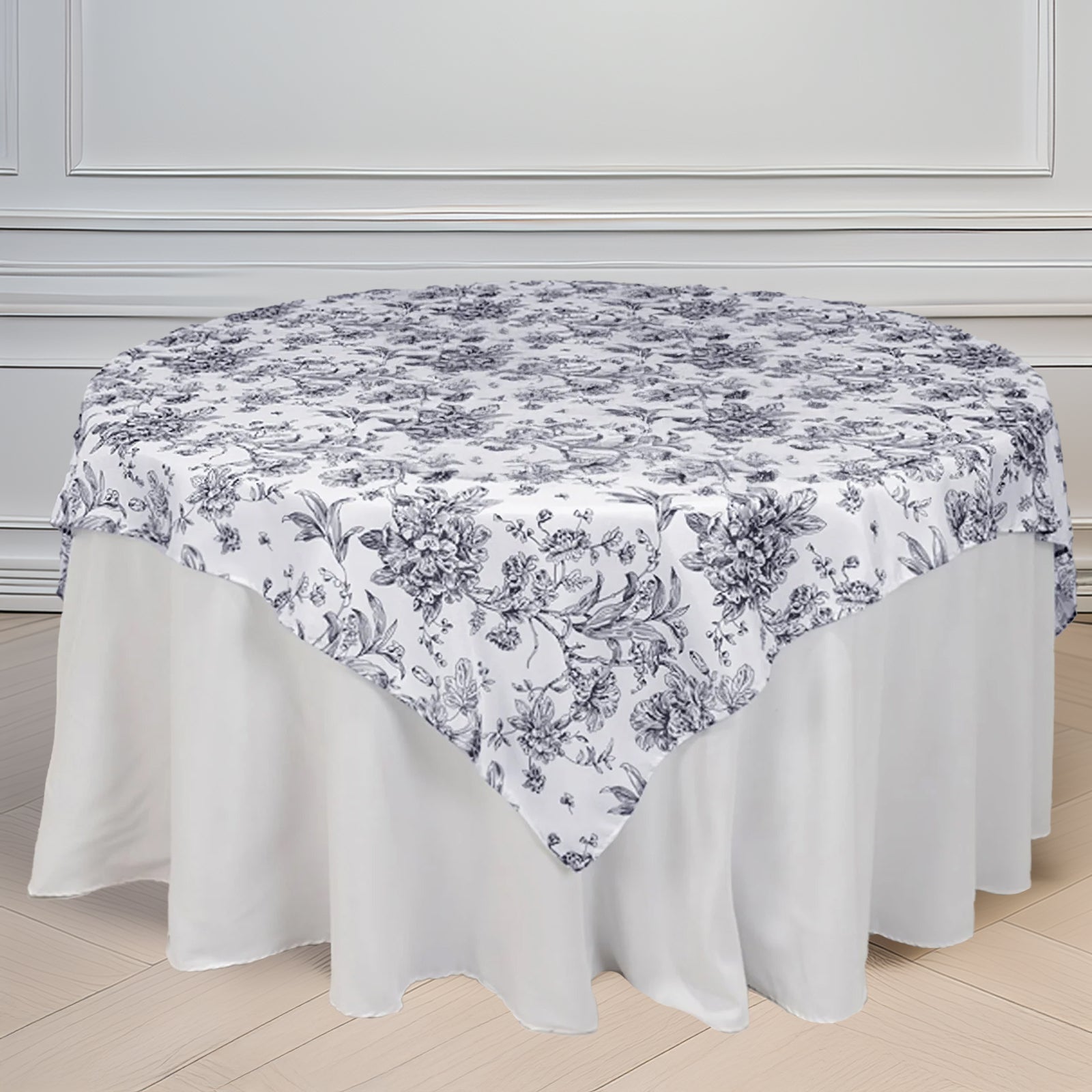 Polyester 70"x70" Table Overlay White - Black French Toile Pattern for Stylish Events - Bell Racket Store