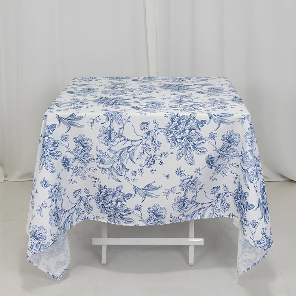 Polyester 70"x70" Table Overlay White - Blue French Toile Pattern for Stylish Events - Bell Racket Store