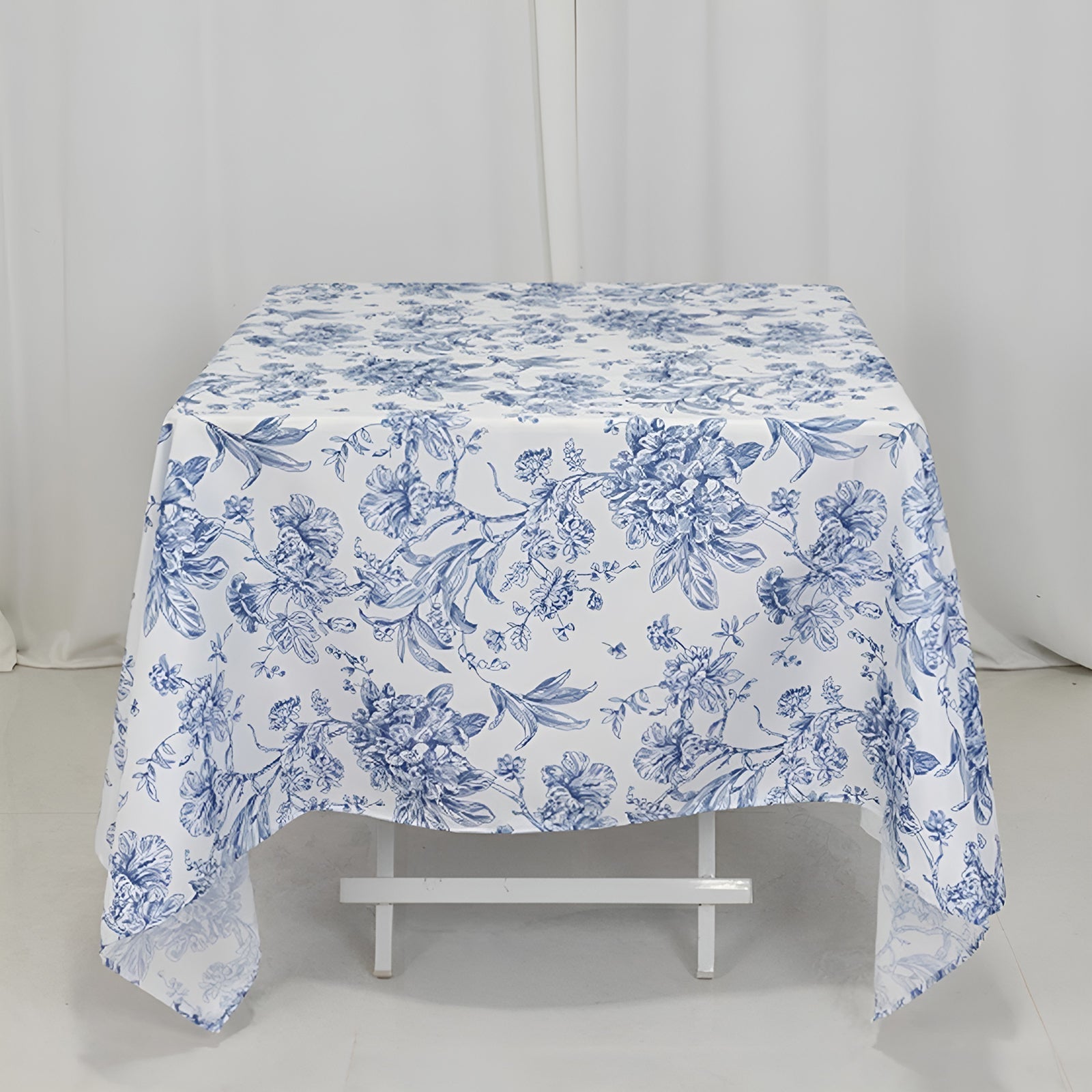 Polyester 70"x70" Table Overlay White - Blue French Toile Pattern for Stylish Events - Bell Racket Store