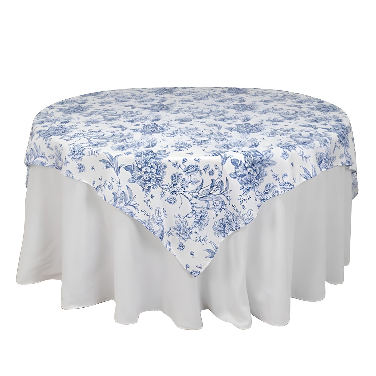 Polyester 70"x70" Table Overlay White - Blue French Toile Pattern for Stylish Events - Bell Racket Store