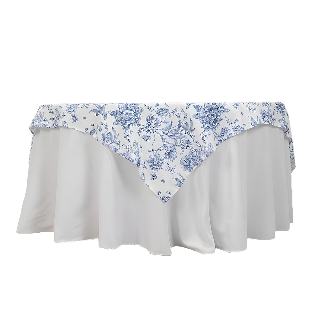 Polyester 70"x70" Table Overlay White - Blue French Toile Pattern for Stylish Events - Bell Racket Store