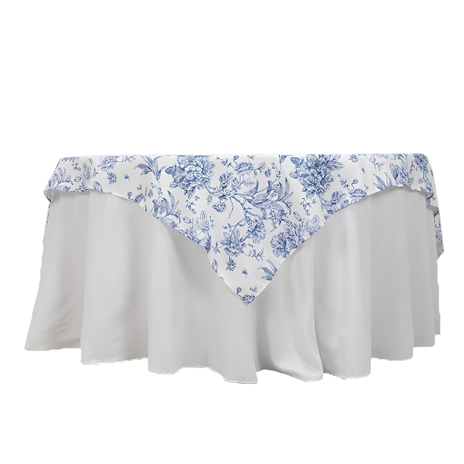 Polyester 70"x70" Table Overlay White - Blue French Toile Pattern for Stylish Events - Bell Racket Store