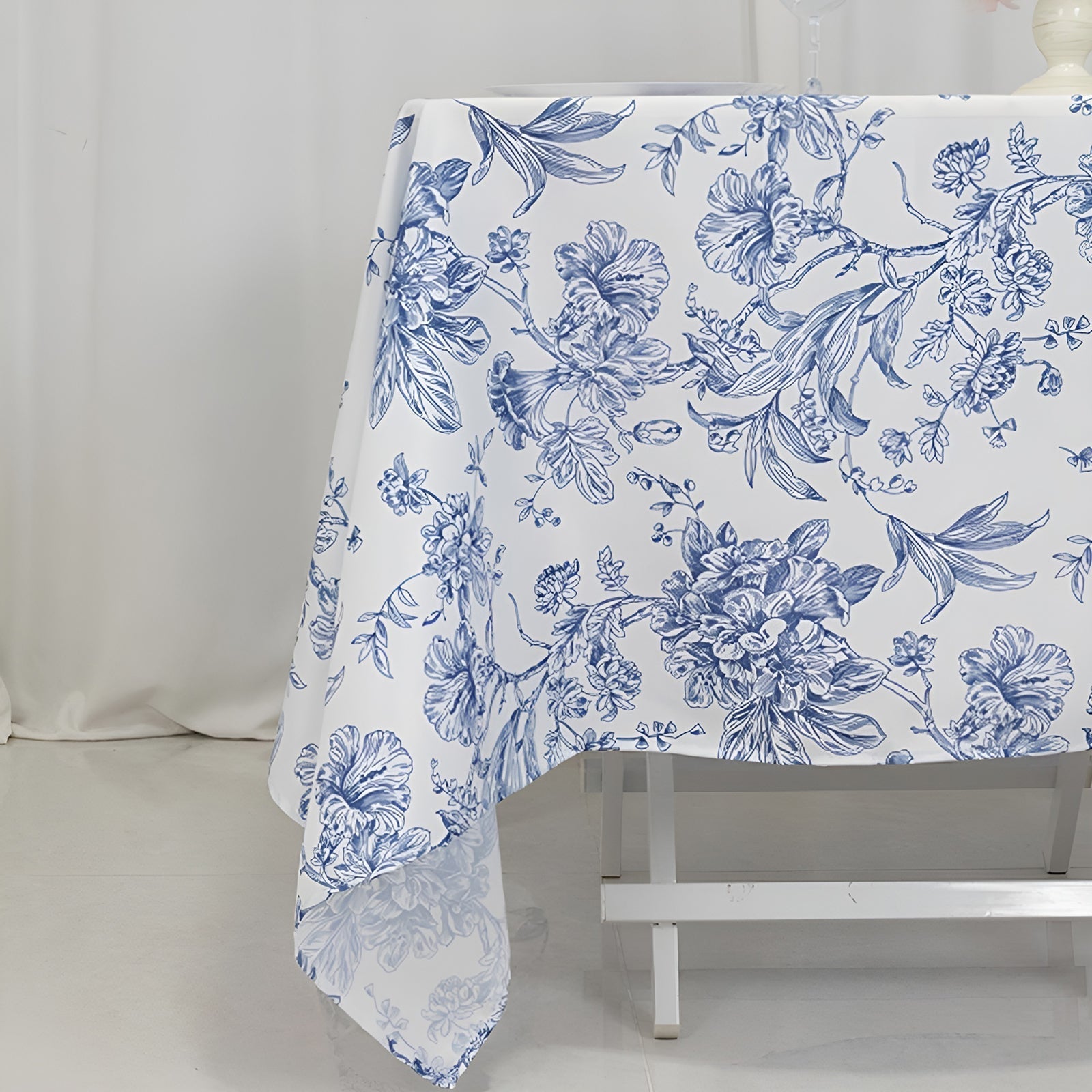 Polyester 70"x70" Table Overlay White - Blue French Toile Pattern for Stylish Events - Bell Racket Store