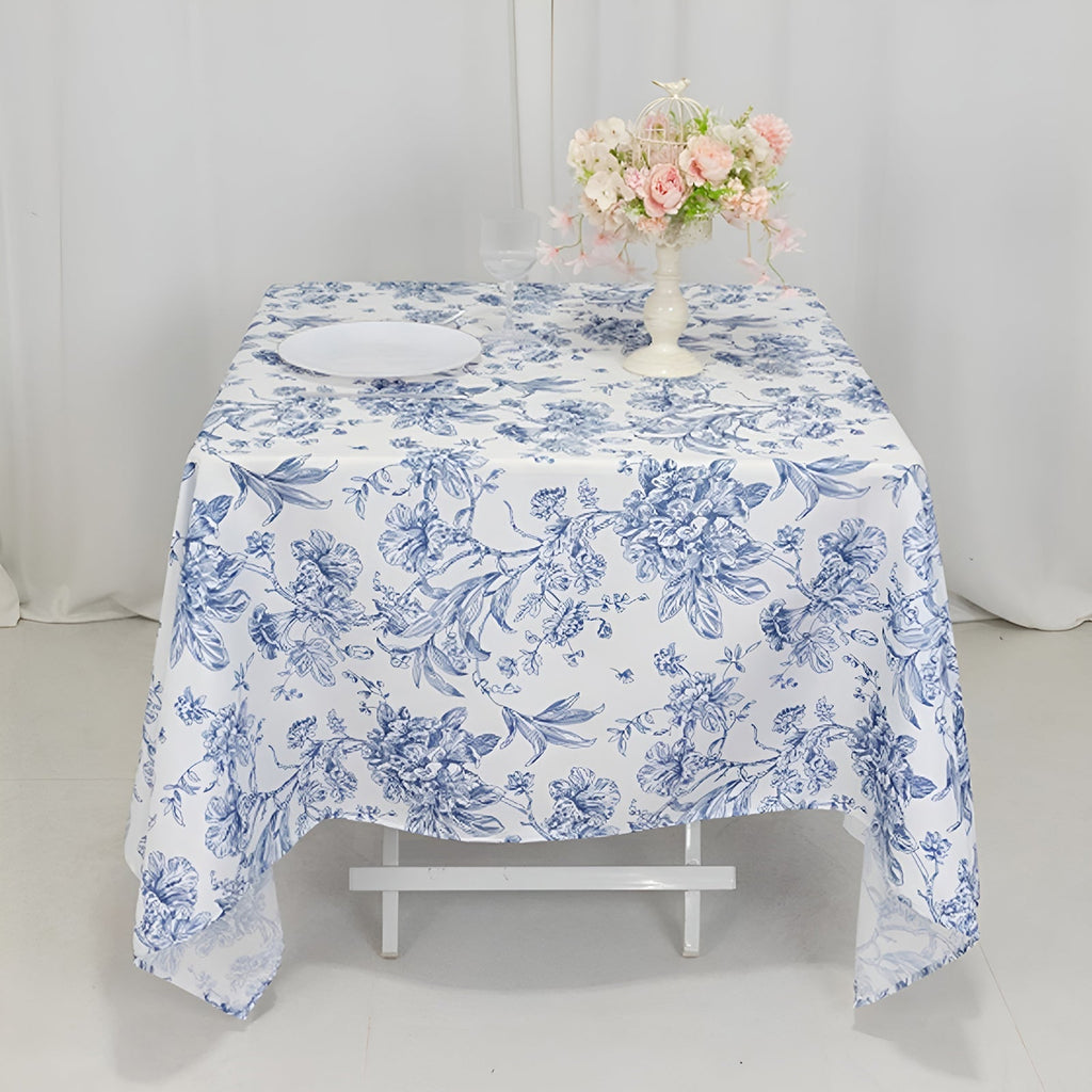 Polyester 70"x70" Table Overlay White - Blue French Toile Pattern for Stylish Events - Bell Racket Store
