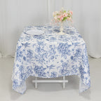 Polyester 70"x70" Table Overlay White - Blue French Toile Pattern for Stylish Events - Bell Racket Store