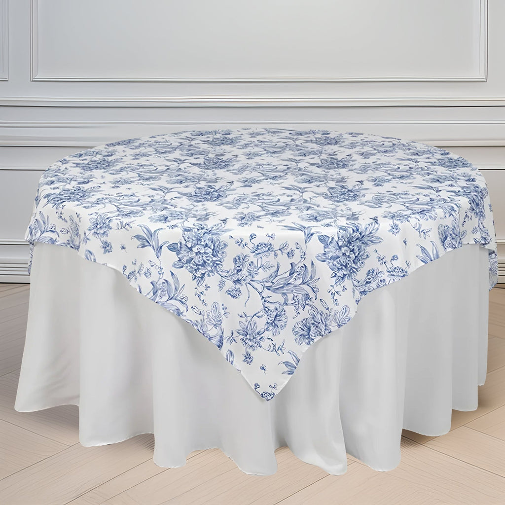 Polyester 70"x70" Table Overlay White - Blue French Toile Pattern for Stylish Events - Bell Racket Store