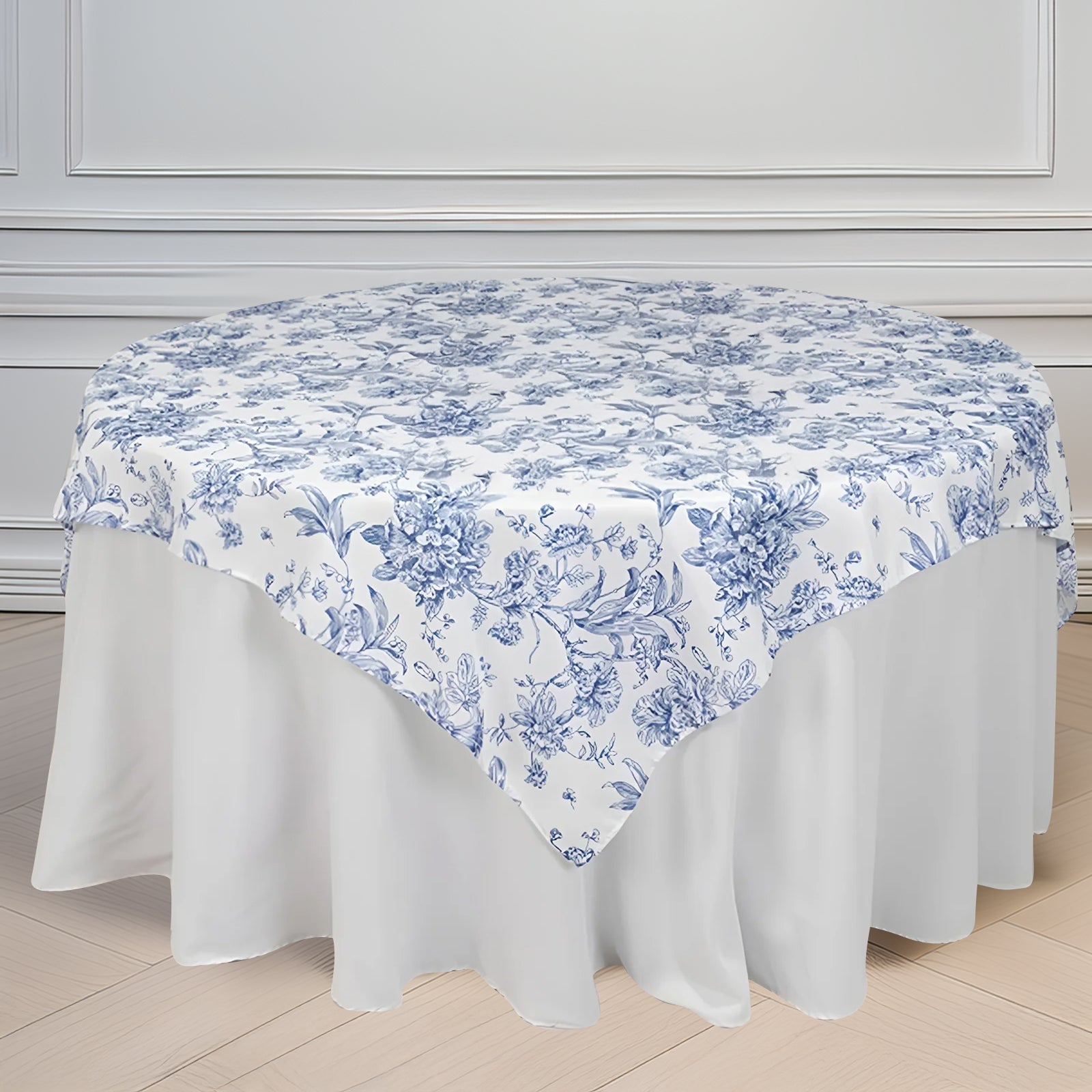 Polyester 70"x70" Table Overlay White - Blue French Toile Pattern for Stylish Events - Bell Racket Store