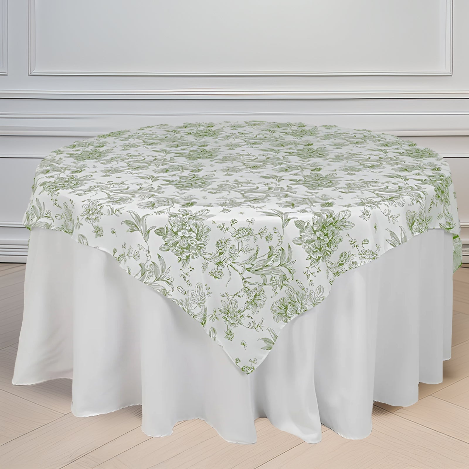 Polyester 70"x70" Table Overlay White - Dusty Sage Green French Toile Pattern for Stylish Events - Bell Racket Store