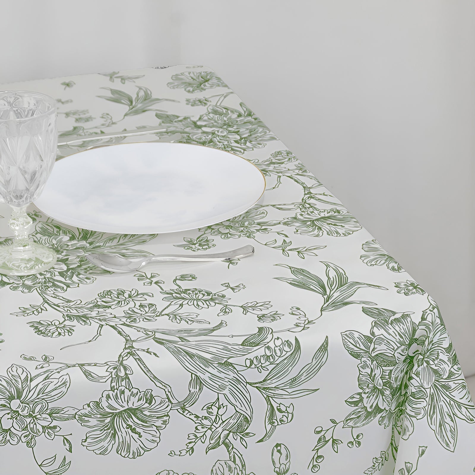 Polyester 70"x70" Table Overlay White - Dusty Sage Green French Toile Pattern for Stylish Events - Bell Racket Store