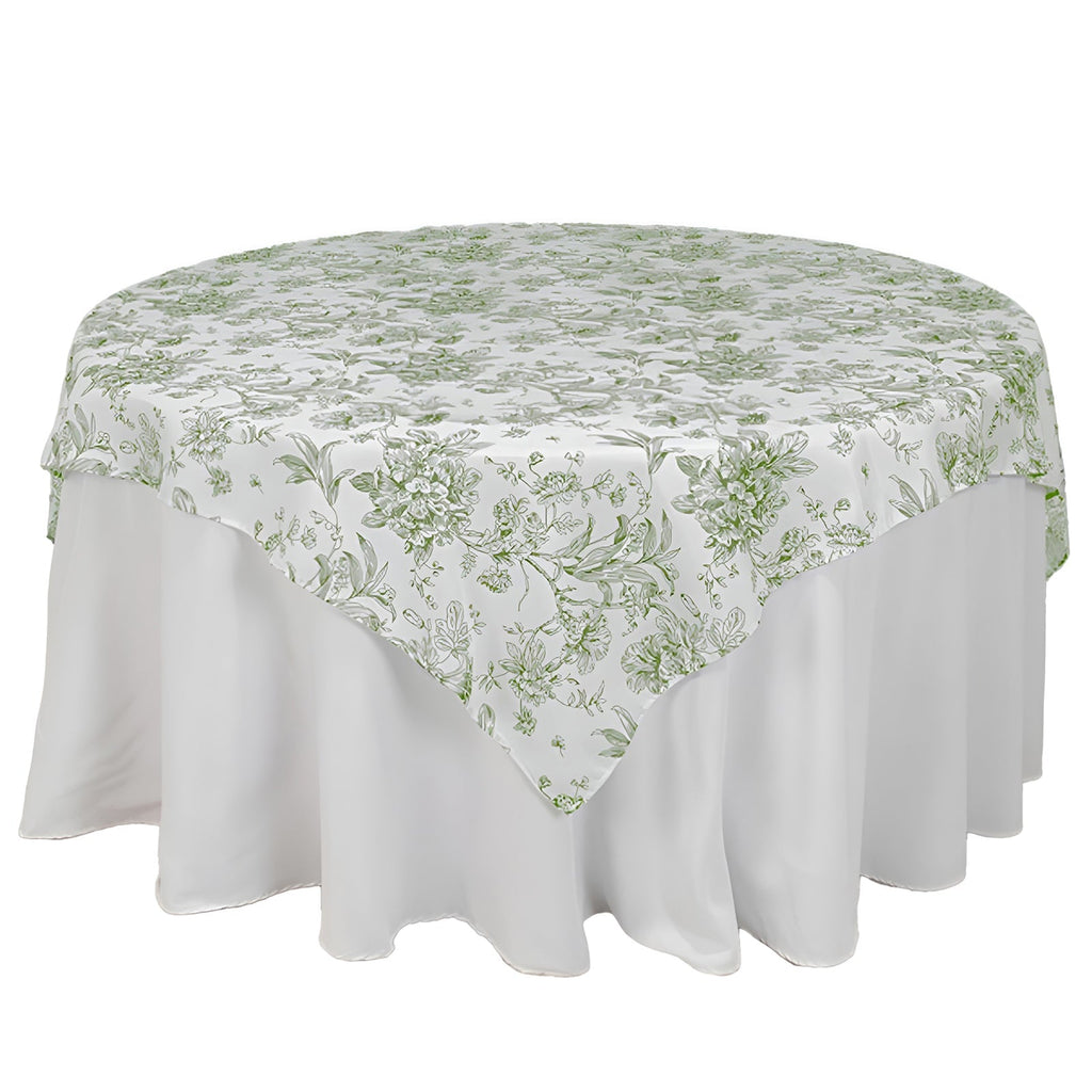 Polyester 70"x70" Table Overlay White - Dusty Sage Green French Toile Pattern for Stylish Events - Bell Racket Store
