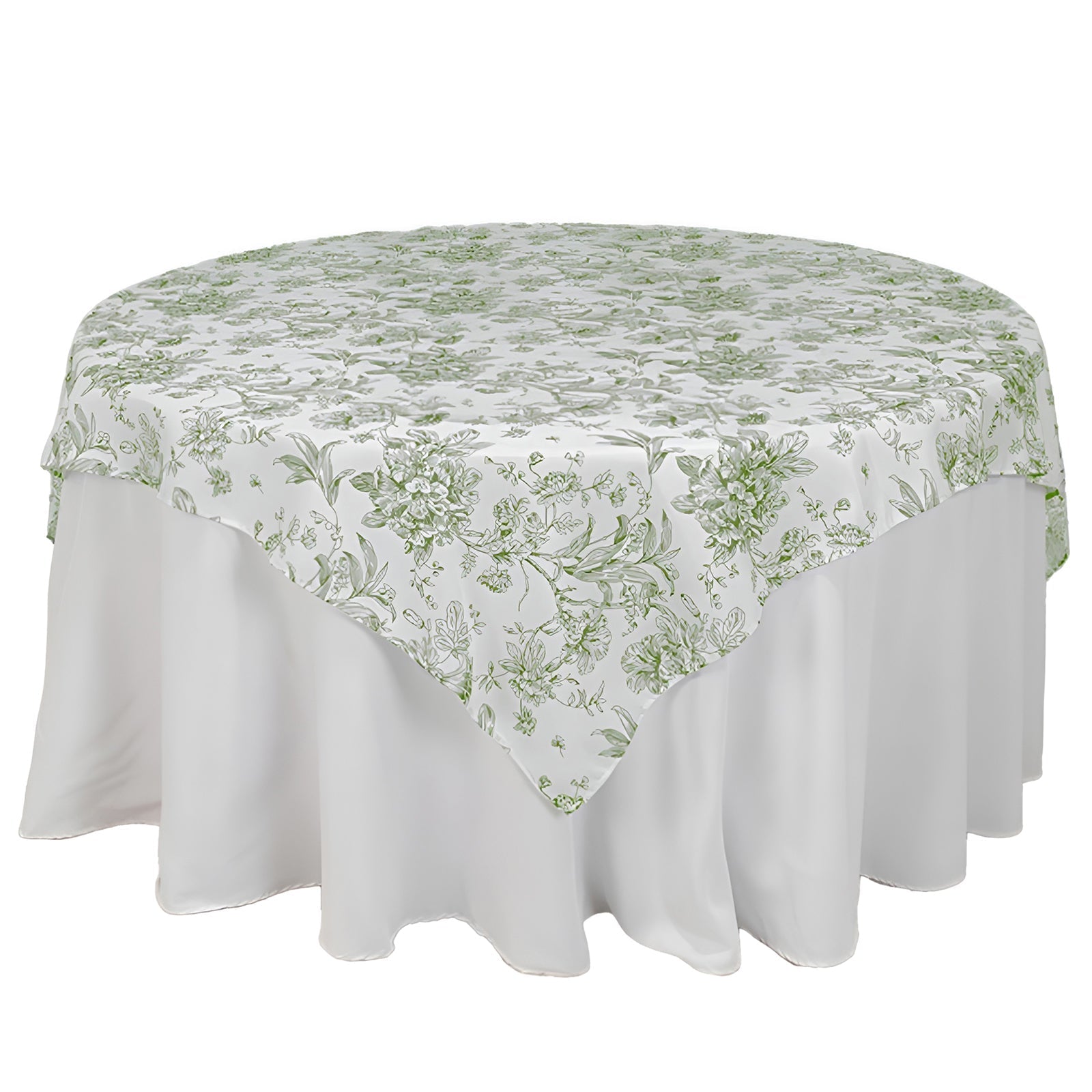 Polyester 70"x70" Table Overlay White - Dusty Sage Green French Toile Pattern for Stylish Events - Bell Racket Store
