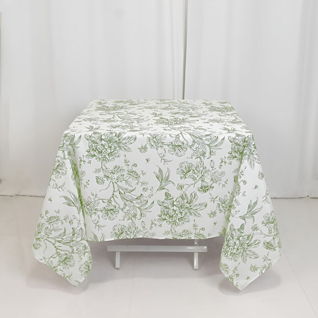 Polyester 70"x70" Table Overlay White - Dusty Sage Green French Toile Pattern for Stylish Events - Bell Racket Store