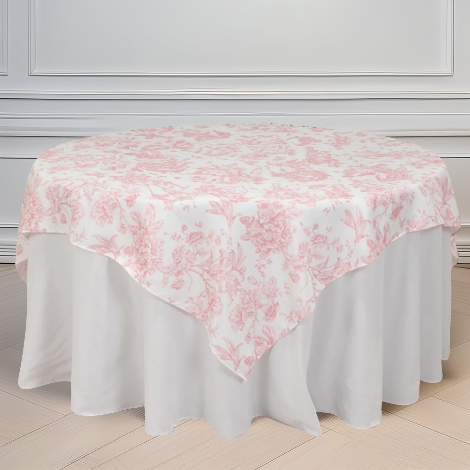 Polyester 70"x70" Table Overlay White - Pink French Toile Pattern for Refined Gatherings - Bell Racket Store