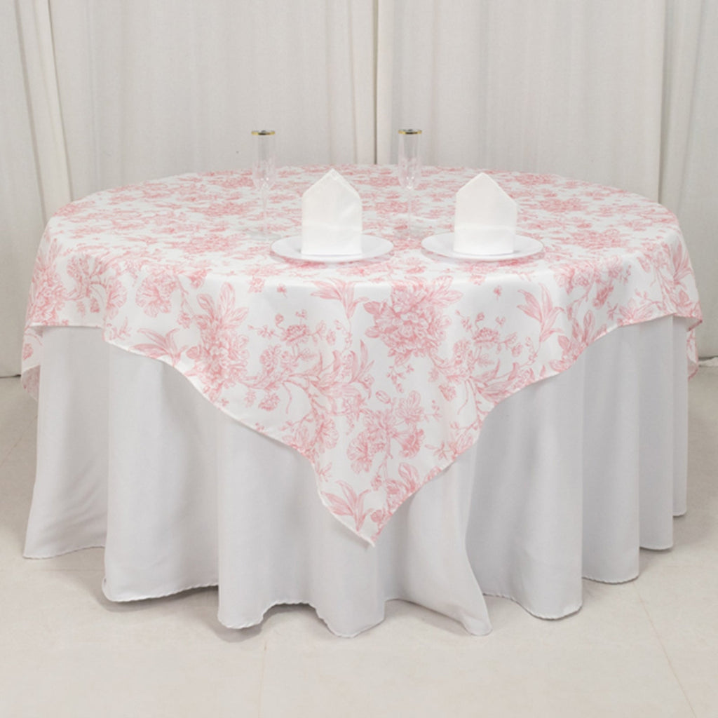 Polyester 70"x70" Table Overlay White - Pink French Toile Pattern for Refined Gatherings - Bell Racket Store