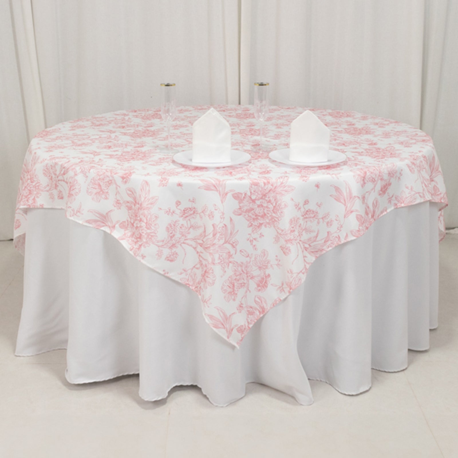 Polyester 70"x70" Table Overlay White - Pink French Toile Pattern for Refined Gatherings - Bell Racket Store