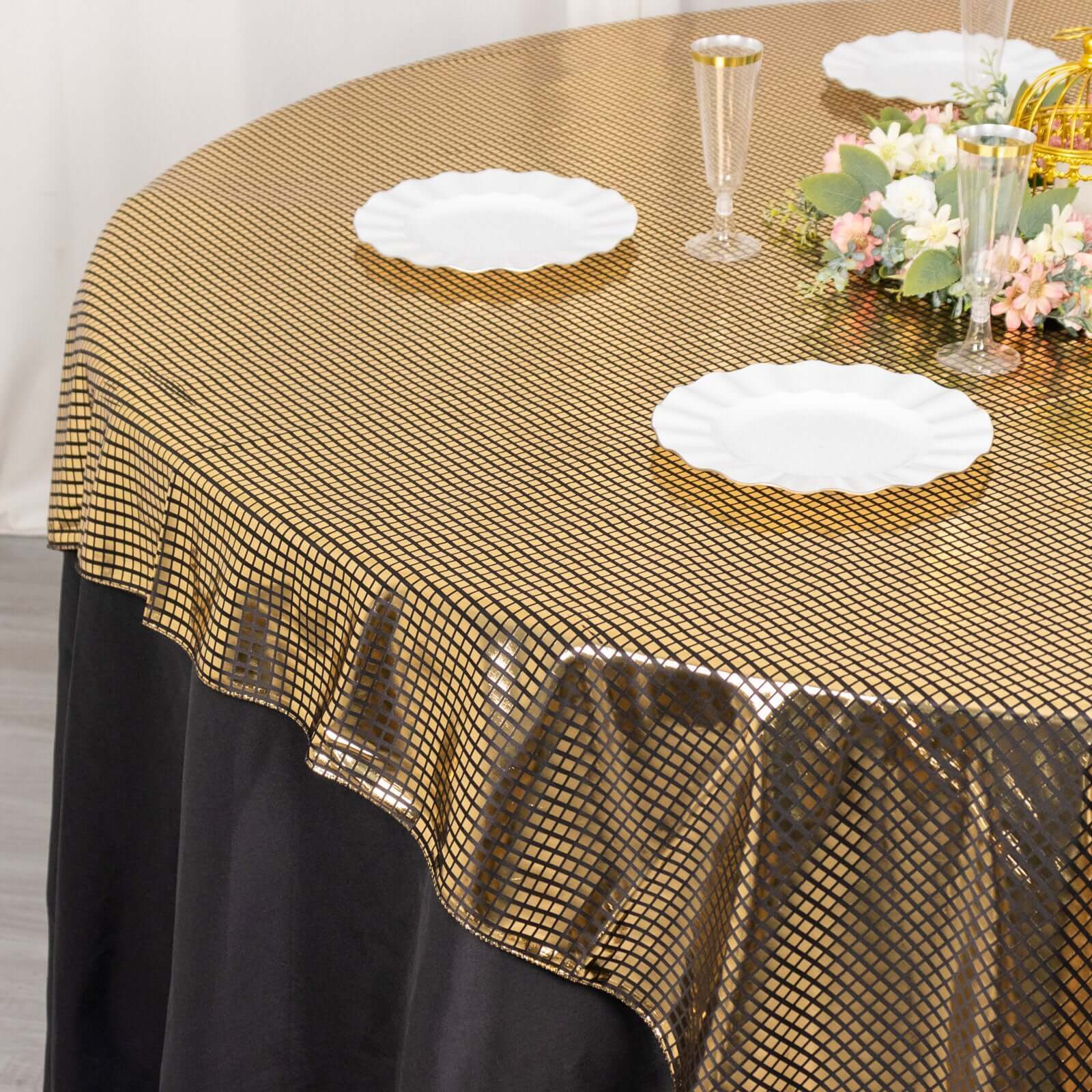 Polyester 72"x72" Table Overlay Square Tablecloth Black - Gold Foil Disco Mirror Ball Design for Stylish Celebrations - Bell Racket Store