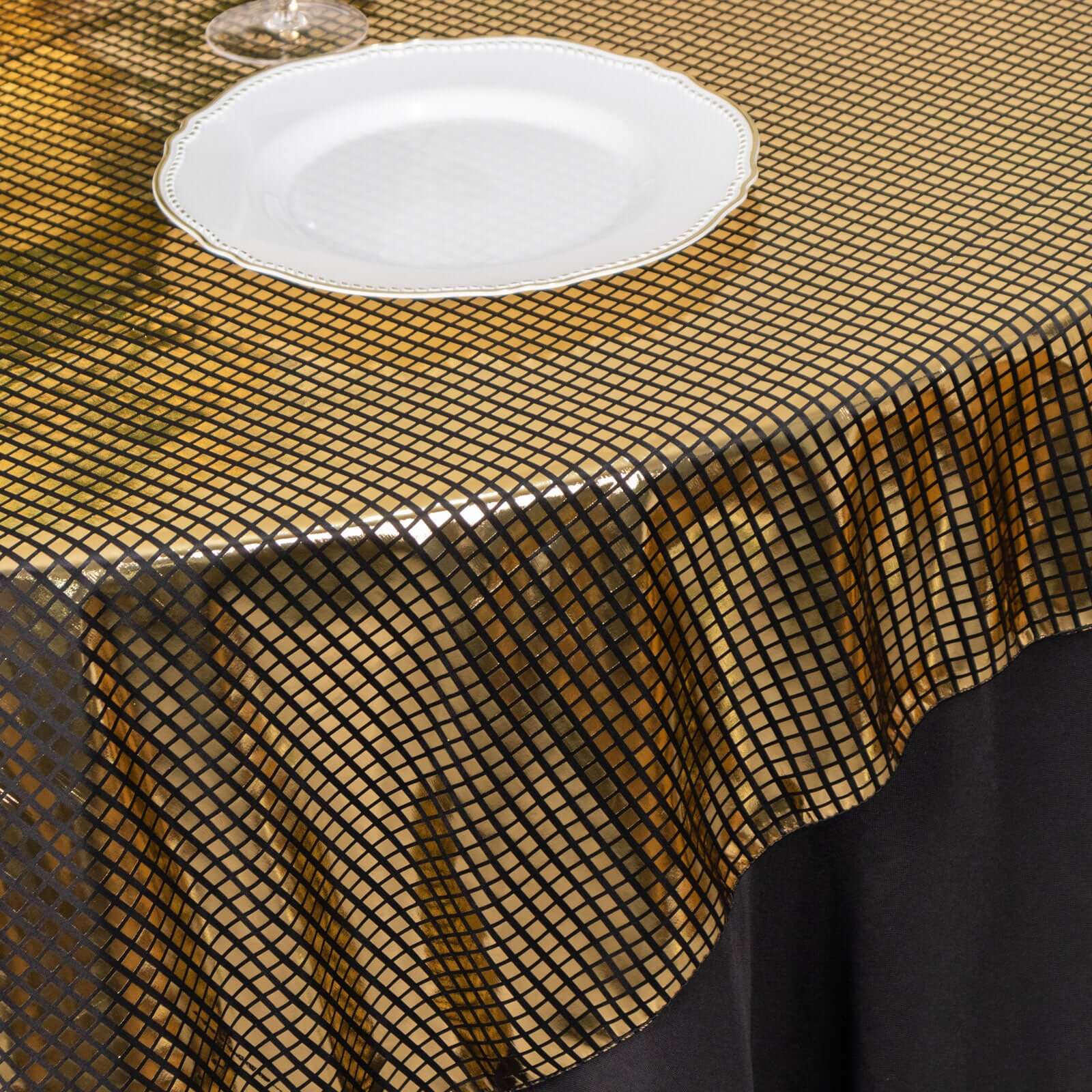 Polyester 72"x72" Table Overlay Square Tablecloth Black - Gold Foil Disco Mirror Ball Design for Stylish Celebrations - Bell Racket Store