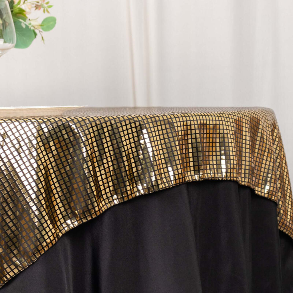 Polyester 72"x72" Table Overlay Square Tablecloth Black - Gold Foil Disco Mirror Ball Design for Stylish Celebrations - Bell Racket Store
