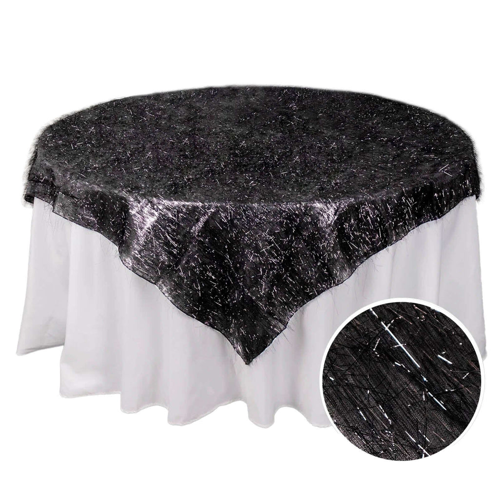 Polyester 72"x72" Table Overlay Square Tablecloth Black - Metallic Fringe Shag Tinsel Table Cover - Bell Racket Store