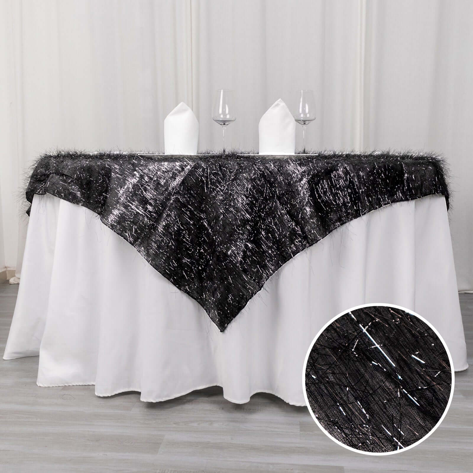 Polyester 72"x72" Table Overlay Square Tablecloth Black - Metallic Fringe Shag Tinsel Table Cover - Bell Racket Store