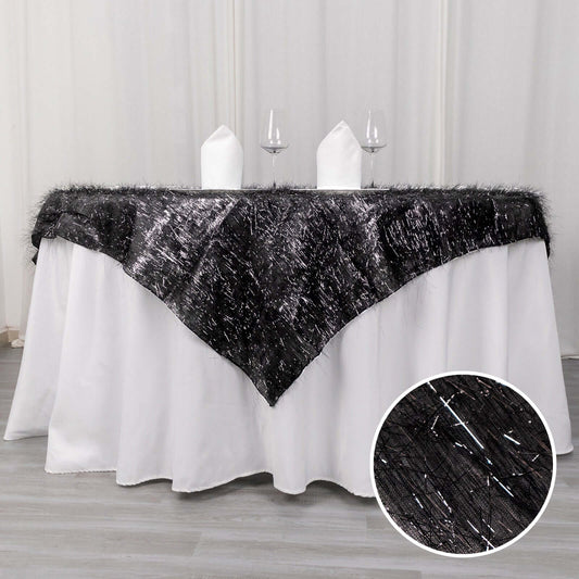 Polyester 72"x72" Table Overlay Square Tablecloth Black - Metallic Fringe Shag Tinsel Table Cover - Bell Racket Store