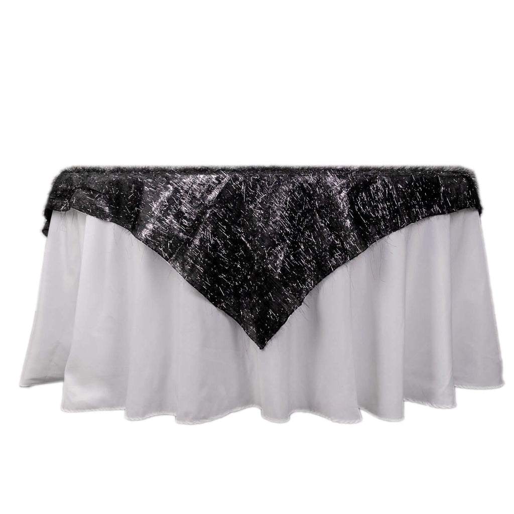 Polyester 72"x72" Table Overlay Square Tablecloth Black - Metallic Fringe Shag Tinsel Table Cover - Bell Racket Store