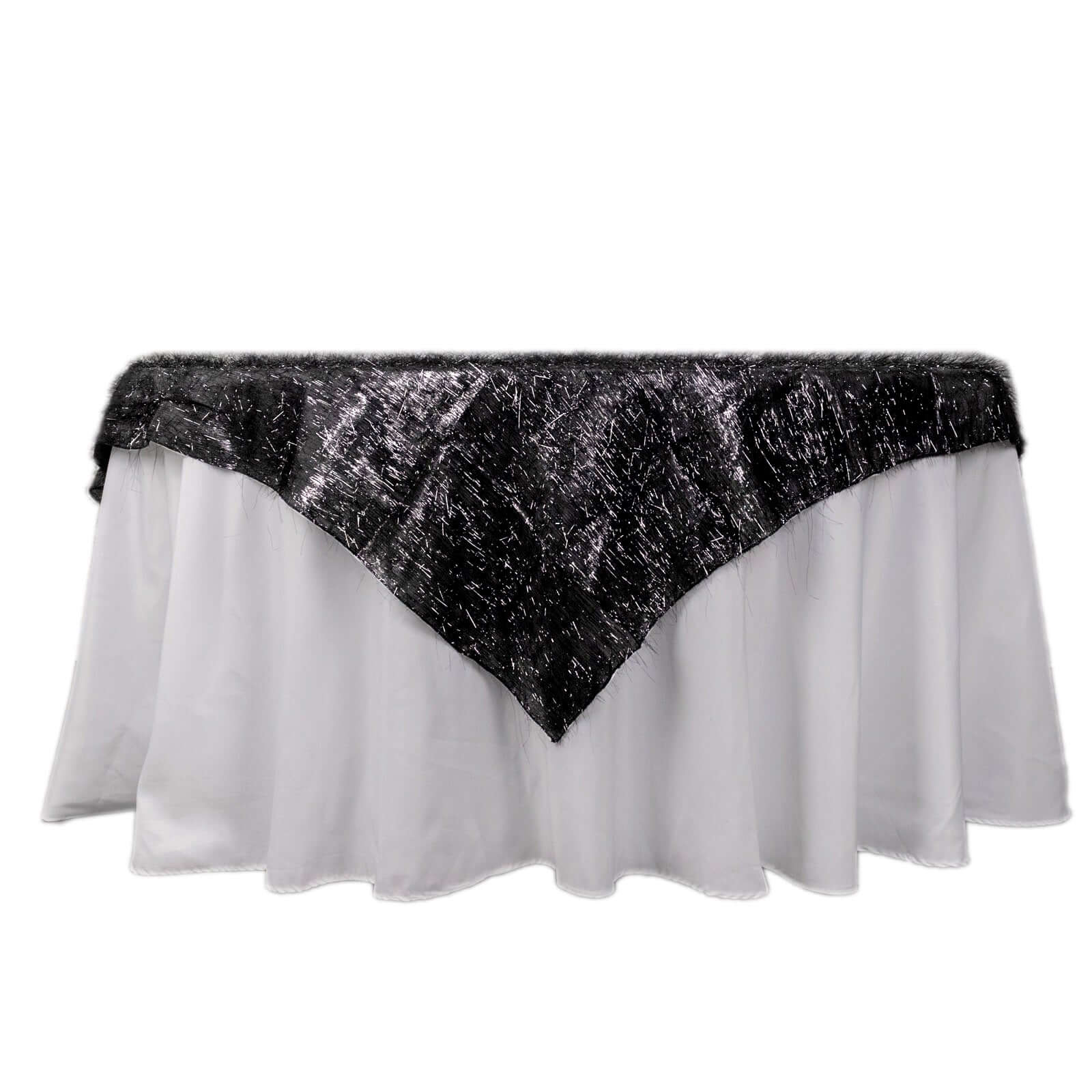 Polyester 72"x72" Table Overlay Square Tablecloth Black - Metallic Fringe Shag Tinsel Table Cover - Bell Racket Store