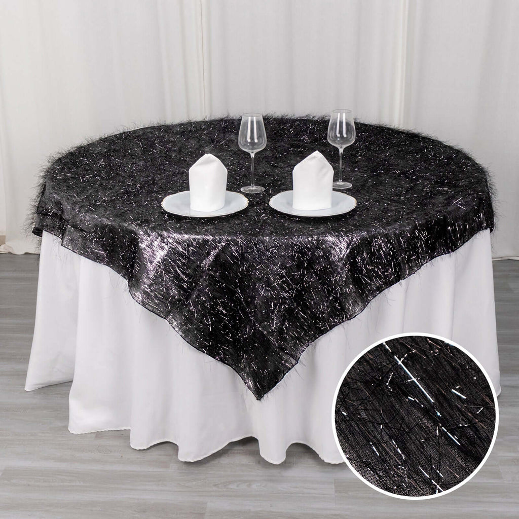 Polyester 72"x72" Table Overlay Square Tablecloth Black - Metallic Fringe Shag Tinsel Table Cover - Bell Racket Store