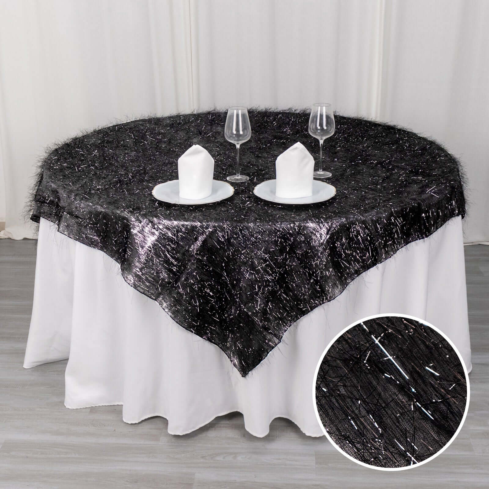 Polyester 72"x72" Table Overlay Square Tablecloth Black - Metallic Fringe Shag Tinsel Table Cover - Bell Racket Store